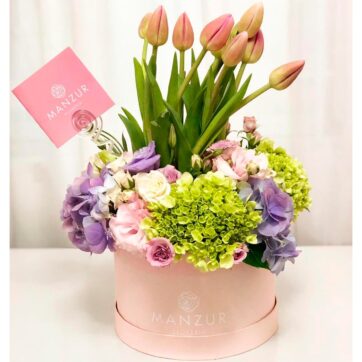 caja con tuilpanes, mini rosa, hortensia