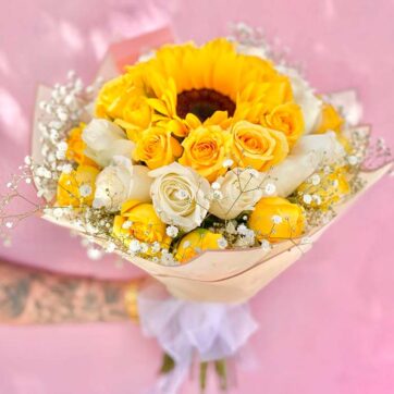 girasol con 40 rosas amarillas y blancas